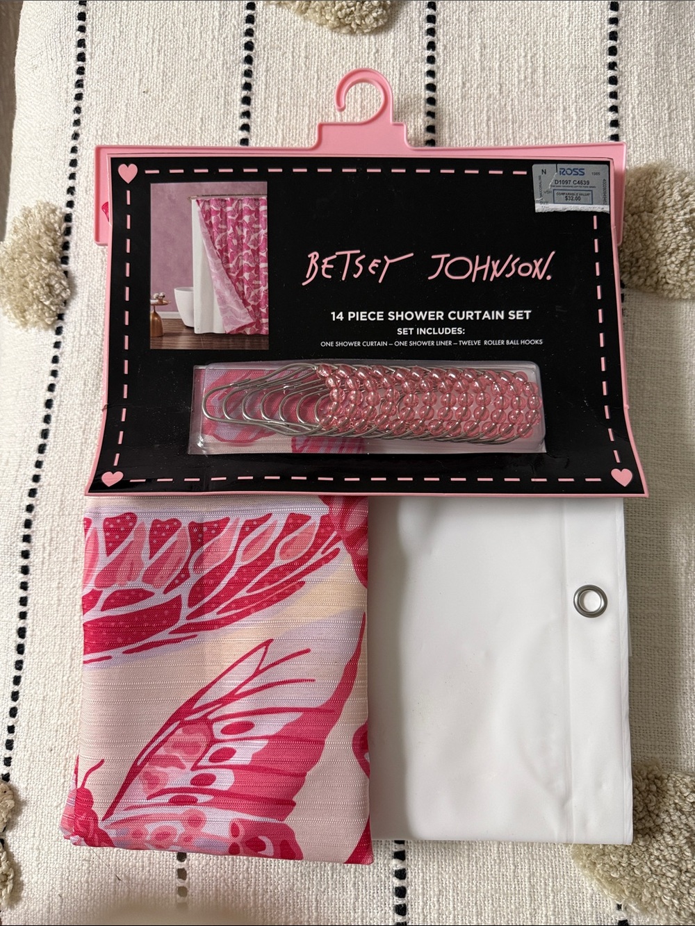Betsey Johnson Pink and White Butterfly Shower Curtain Set